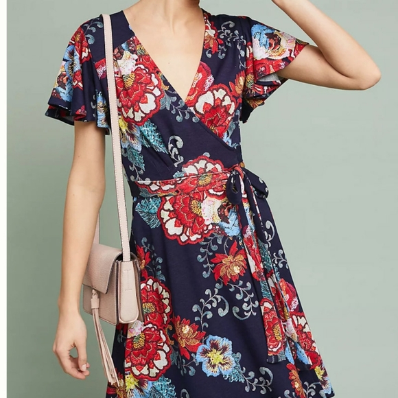 Evelyn Dress for Anthropologie Dark Blue Floral Wrap Style Size XS - Picture 3 of 11